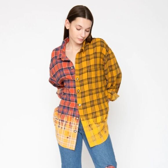 NWT revolve la detresse the emperor Aries bleach flannel colorblock plaid shirt - Picture 1 of 10